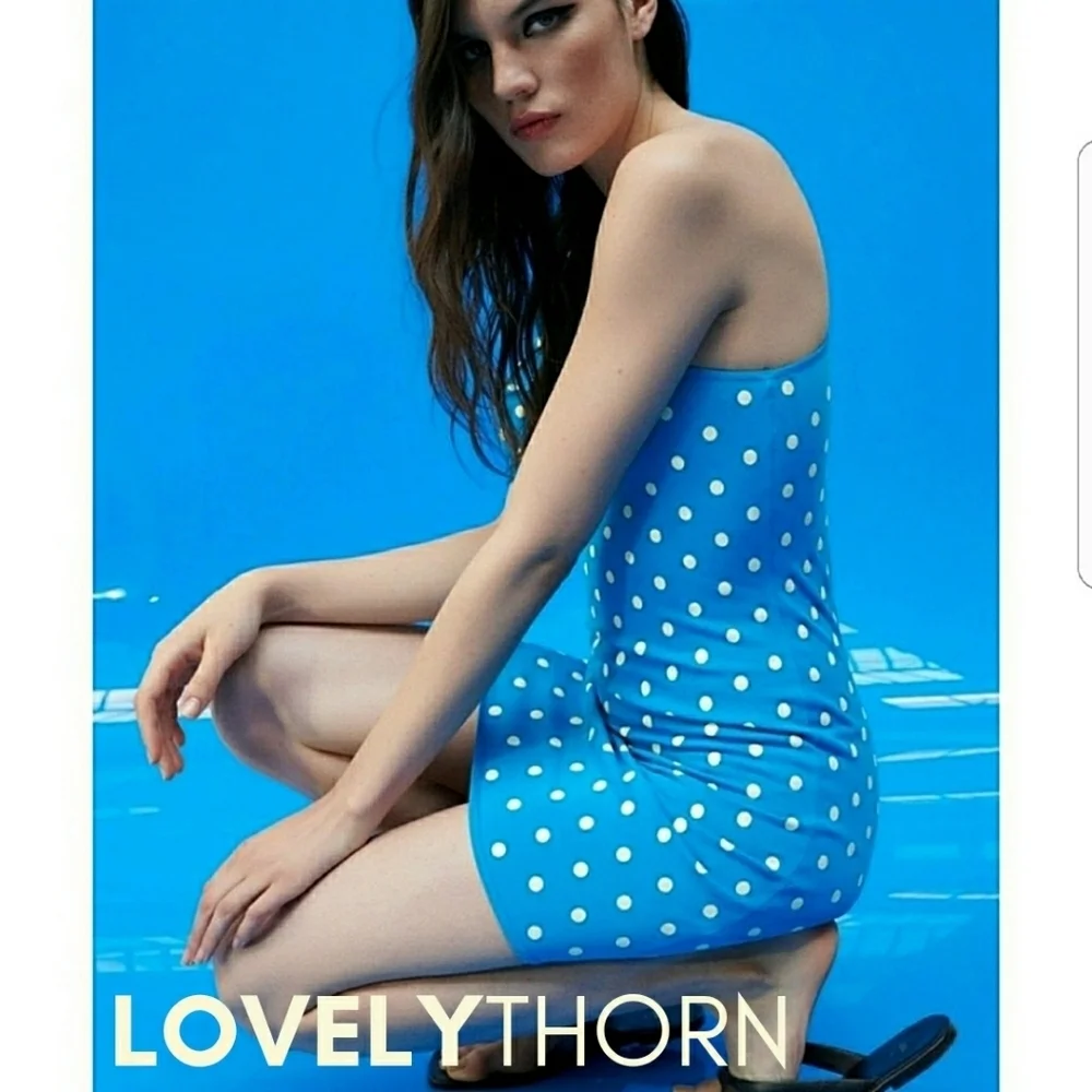 ZARA // turquoise polka dot one puff shoulder soft & stretchy knit mini dress - Picture 7 of 16